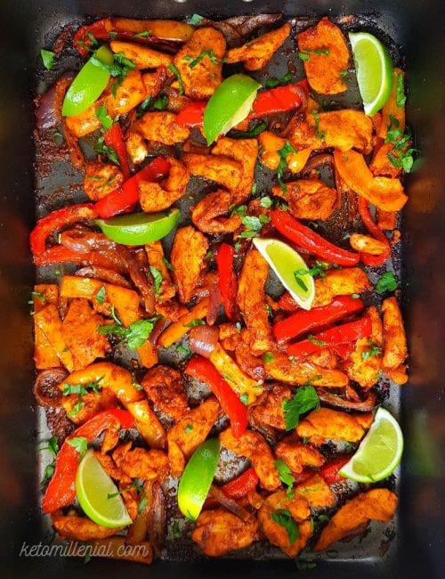 Oven baked low carb sheet pan fajita chicken in under 30 minutes! These low carb chicken fajitas are healthy, full of flavour and easy to throw together. They also make perfect keto meal prep recipe for quick keto lunches for work.